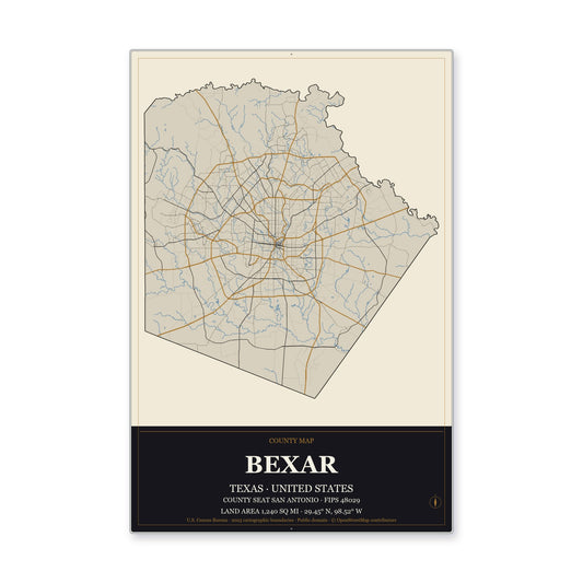 Bexar County, Texas Map Aluminum Sign in Museum Plaque style