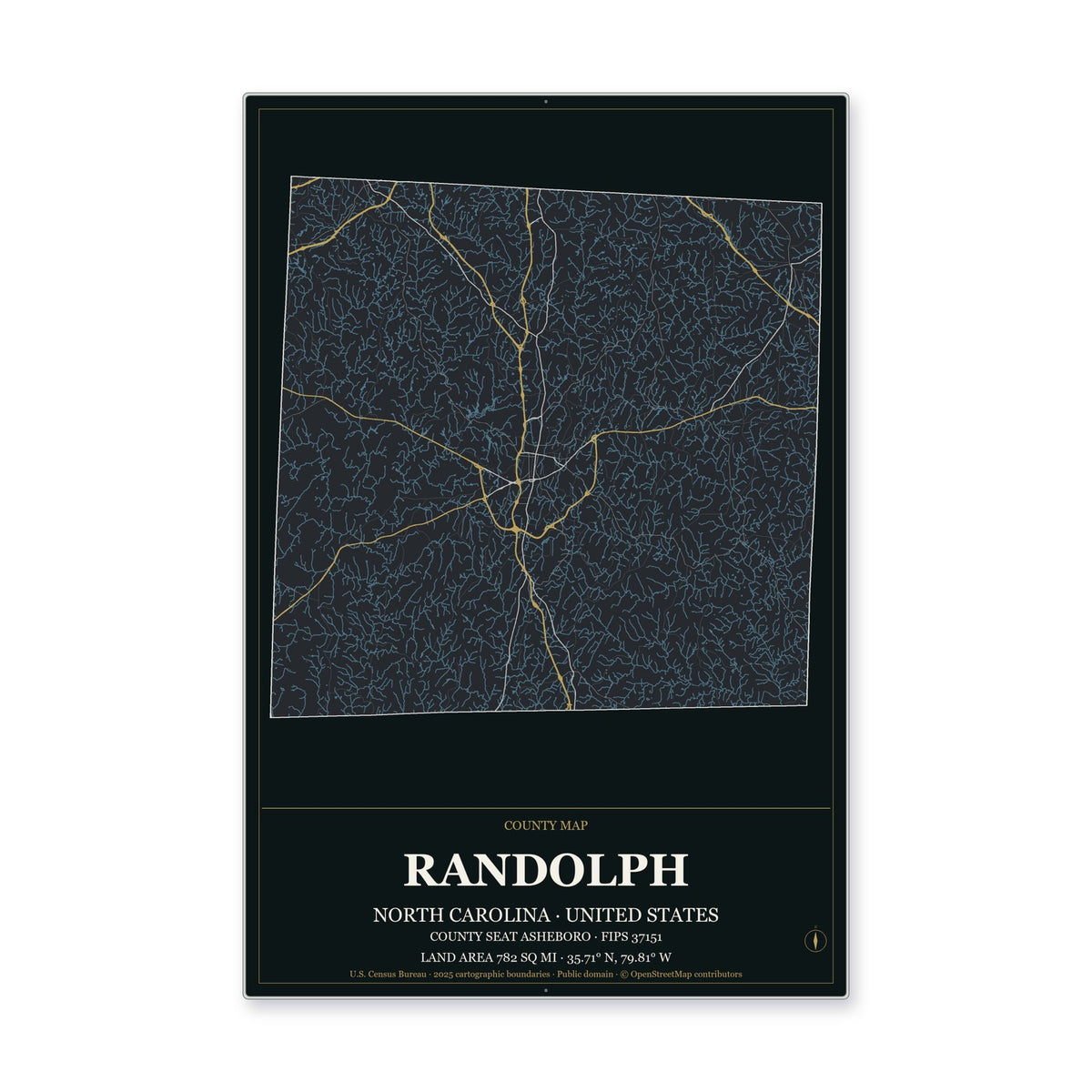 Randolph County, North Carolina Map Aluminum Sign in Metropolitan Noir style