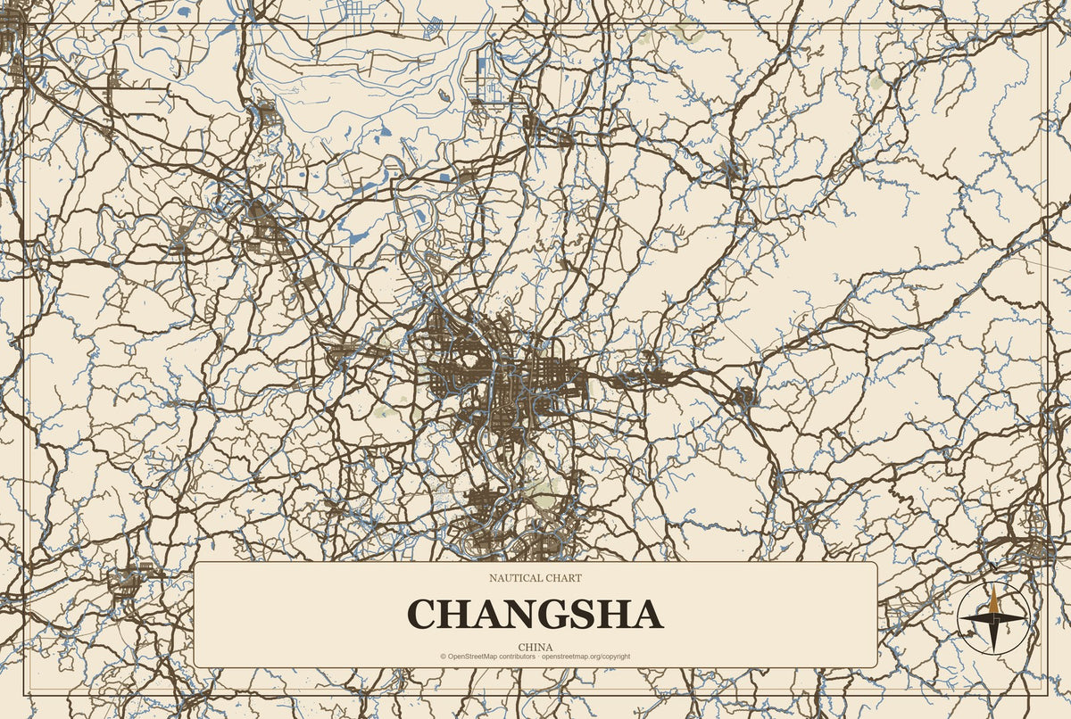 Changsha, Chongqing, China City Map Aluminum Sign in Heritage Nautical style