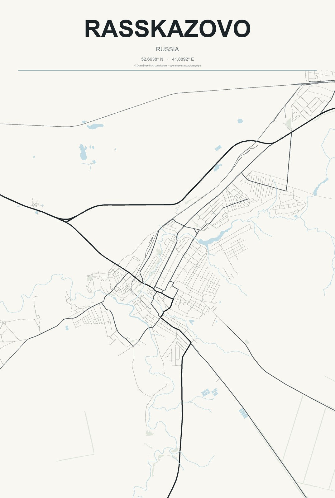 Rasskazovo, Russia City Map Aluminum Sign in Headline Atlas style