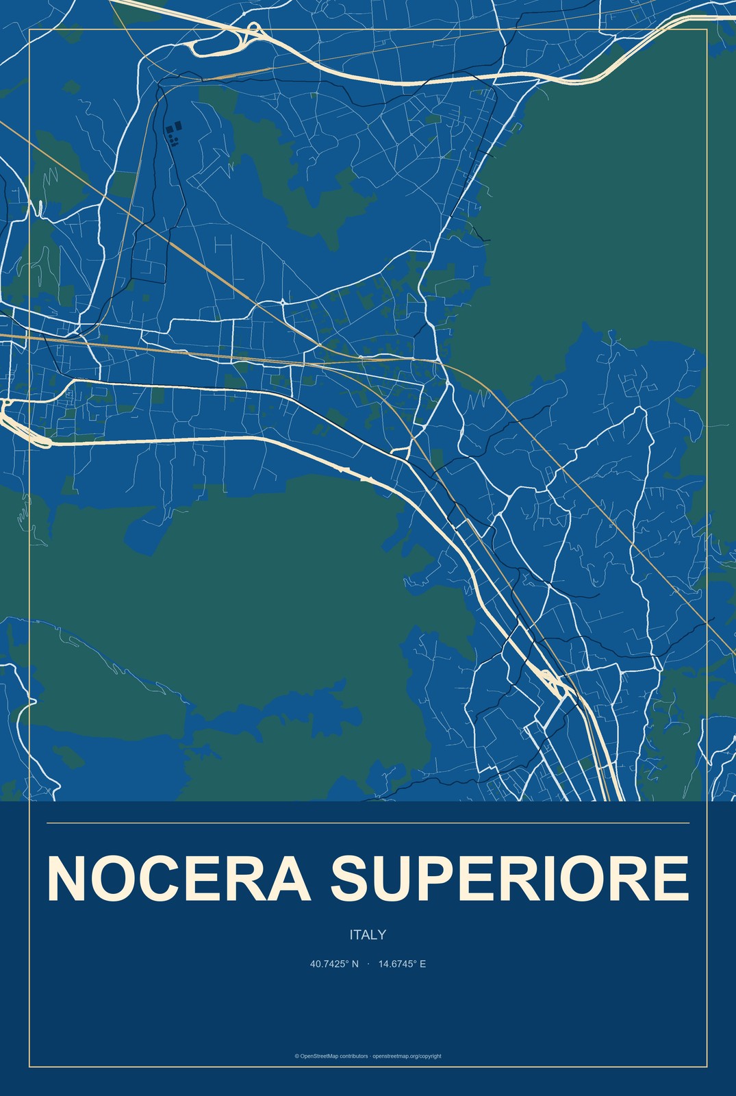 Nocera Superiore, Italy City Map Aluminum Sign in Harbor Cobalt style