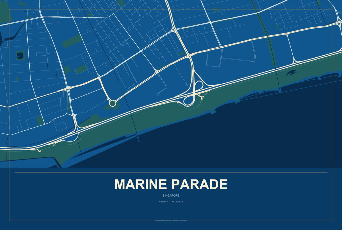 Marine Parade, Singapore City Map Aluminum Sign in Harbor Cobalt style