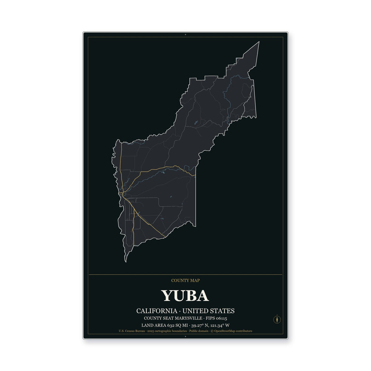 Yuba County, California Map Aluminum Sign in Metropolitan Noir style