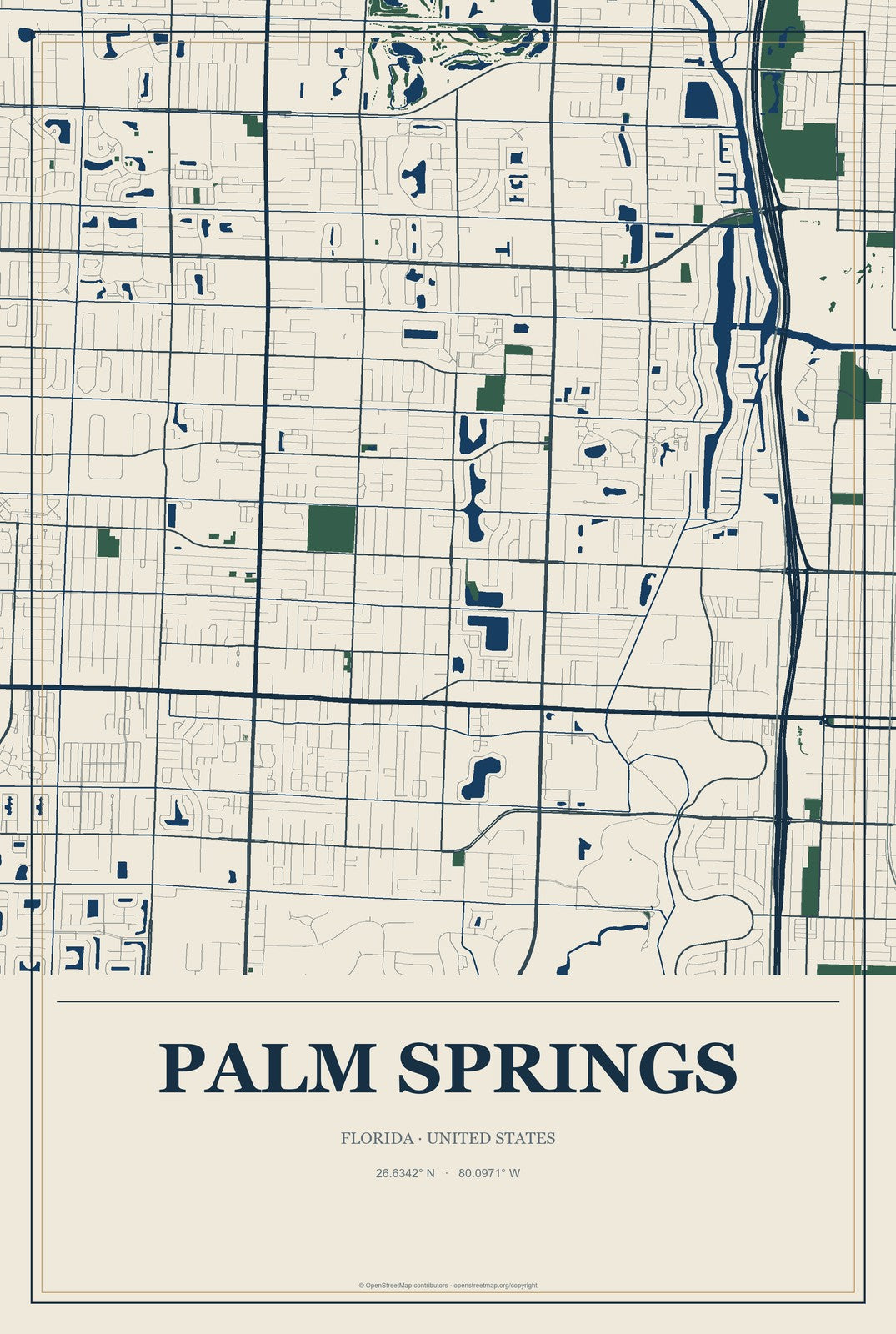 Palm Springs, Florida City Map Aluminum Sign in Coastal Cutout style