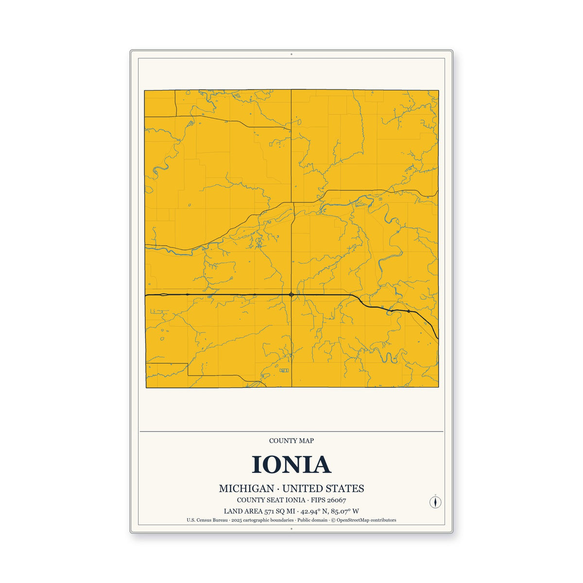 Ionia County, Michigan Map Aluminum Sign in Citrine Modern style