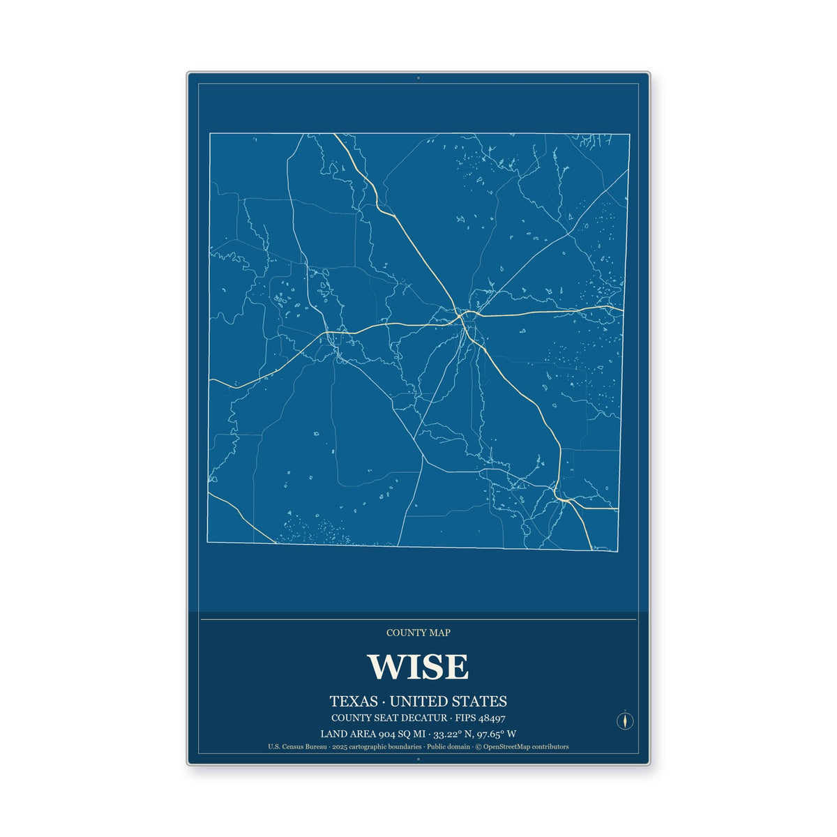 Wise County, Texas Map Aluminum Sign in Harbor Cobalt style