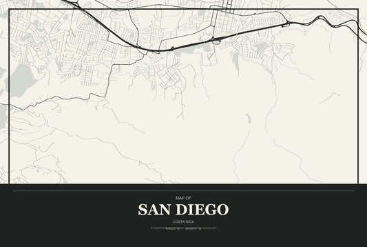 San Diego, Costa Rica City Map Aluminum Sign in Museum Plaque style