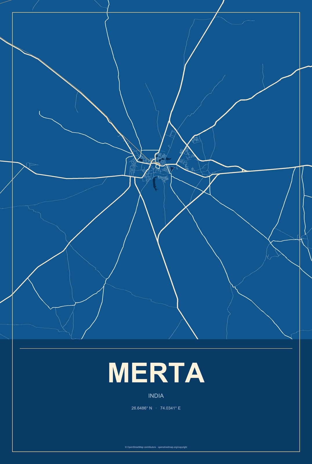Merta, India City Map Aluminum Sign in Harbor Cobalt style