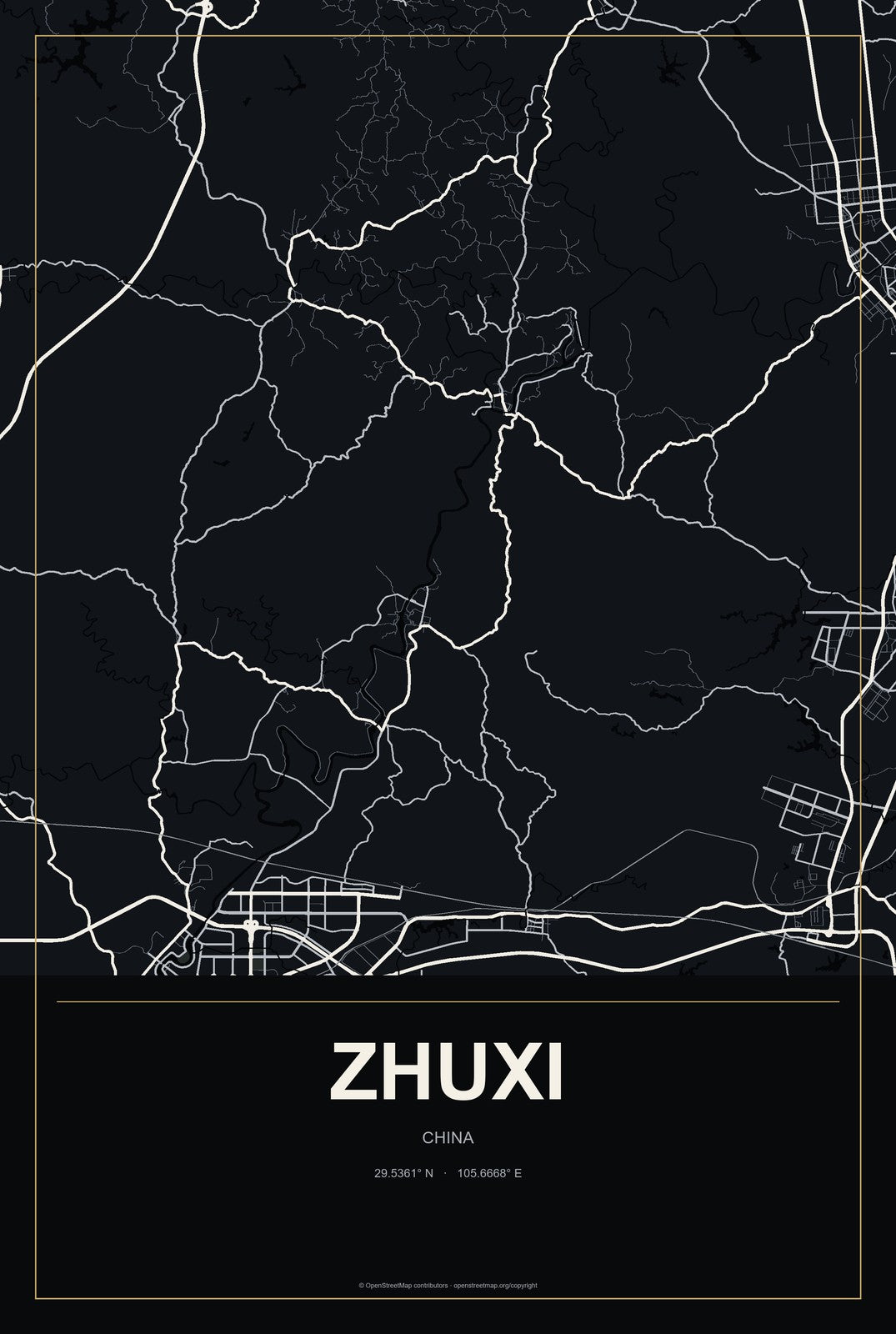 Zhuxi, China City Map Aluminum Sign in Metropolitan Noir style
