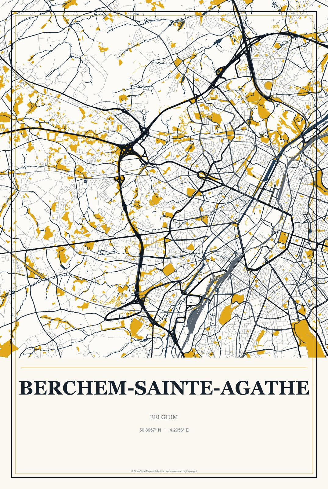 Berchem-Sainte-Agathe, Belgium City Map Aluminum Sign in Citrine Modern style