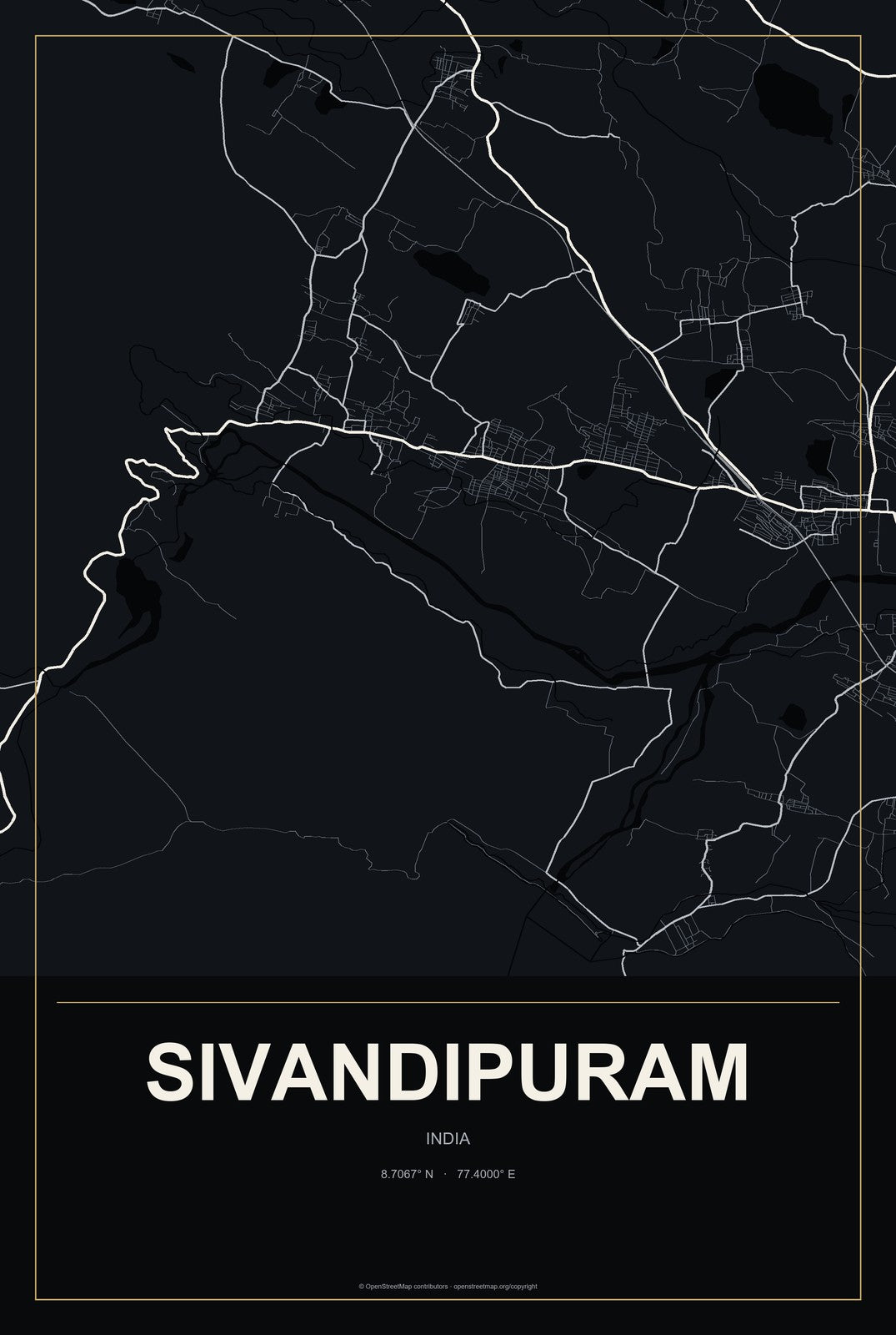 Sivandipuram, India City Map Aluminum Sign in Metropolitan Noir style