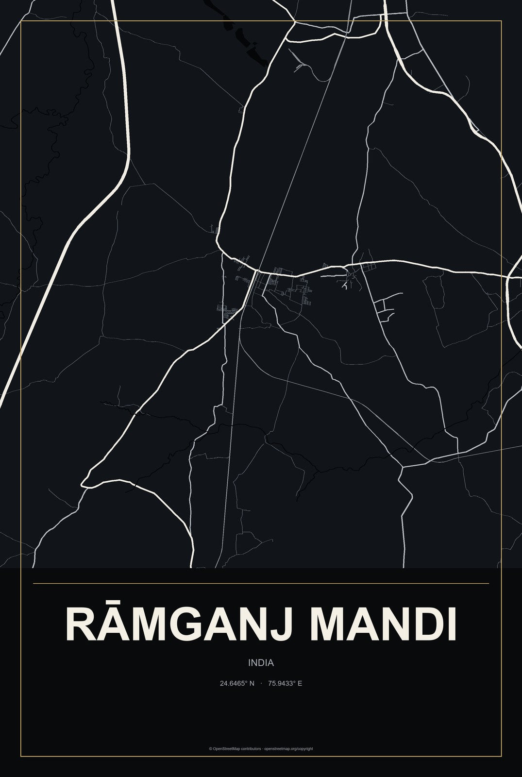 Rāmganj Mandi, India City Map Aluminum Sign in Metropolitan Noir style