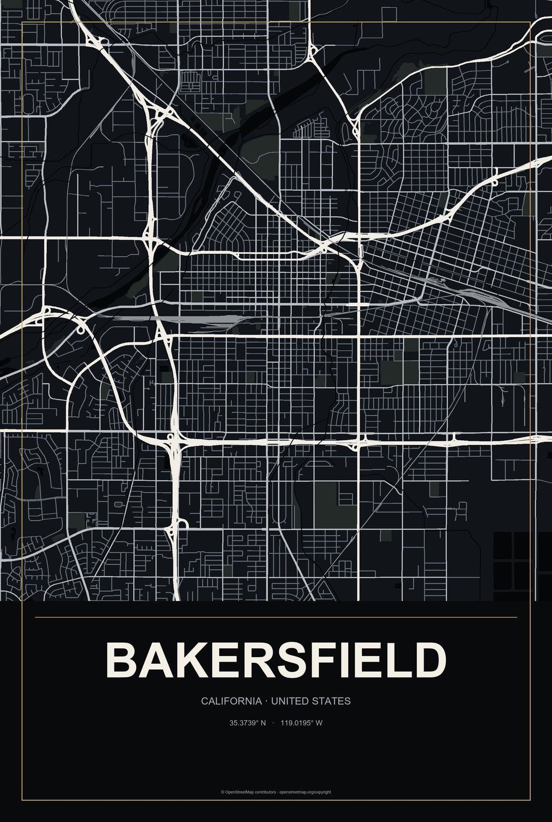 Bakersfield, California City Map Aluminum Sign in Metropolitan Noir style