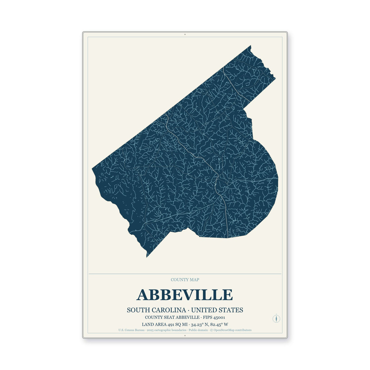 Abbeville County, South Carolina Map Aluminum Sign in Coastal Cutout style