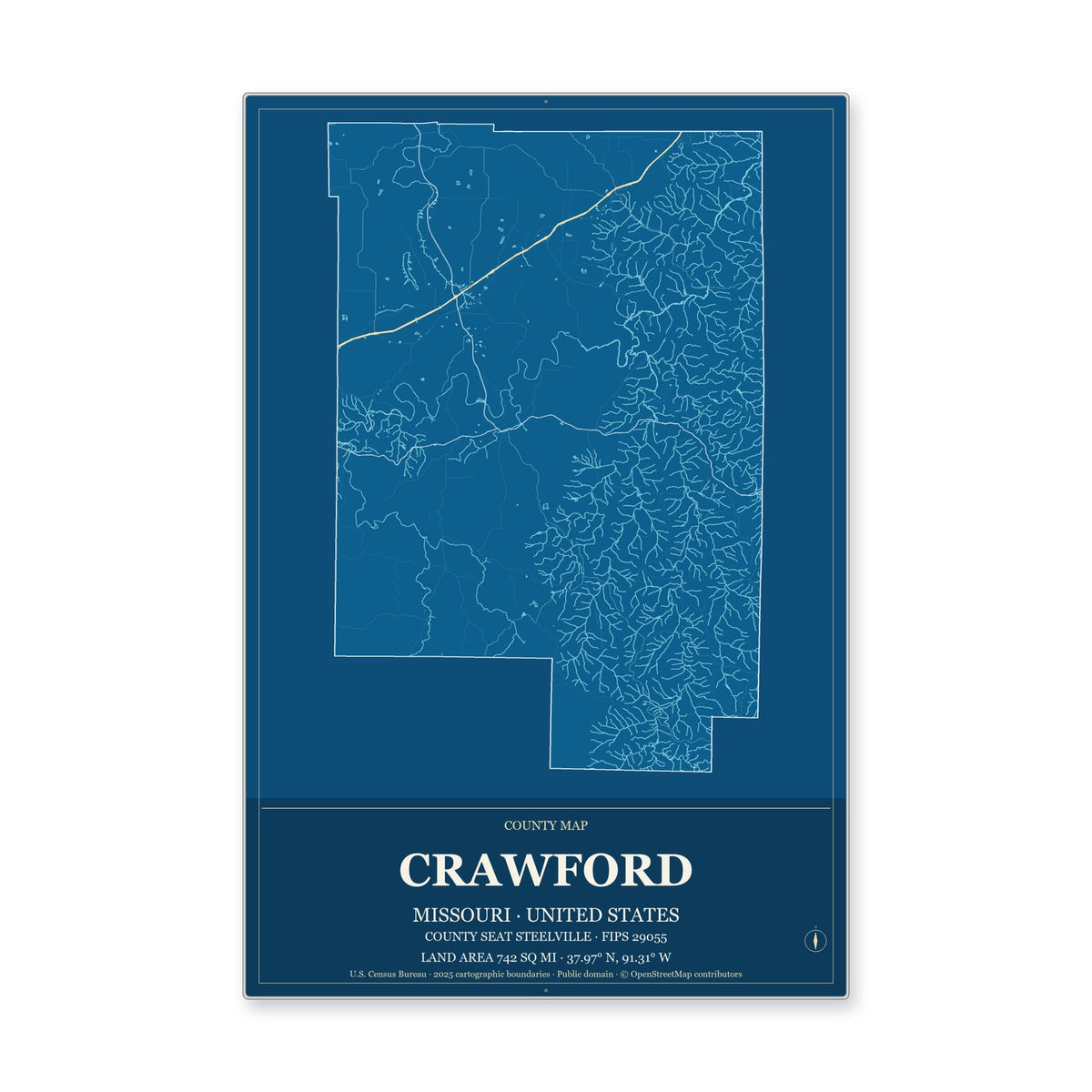 Crawford County, Missouri Map Aluminum Sign in Harbor Cobalt style