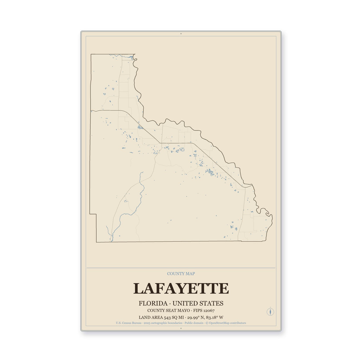 Lafayette County, Florida Map Aluminum Sign in Heritage Nautical style