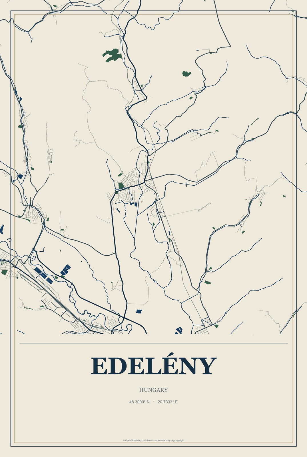 Edelény, Hungary City Map Aluminum Sign in Coastal Cutout style