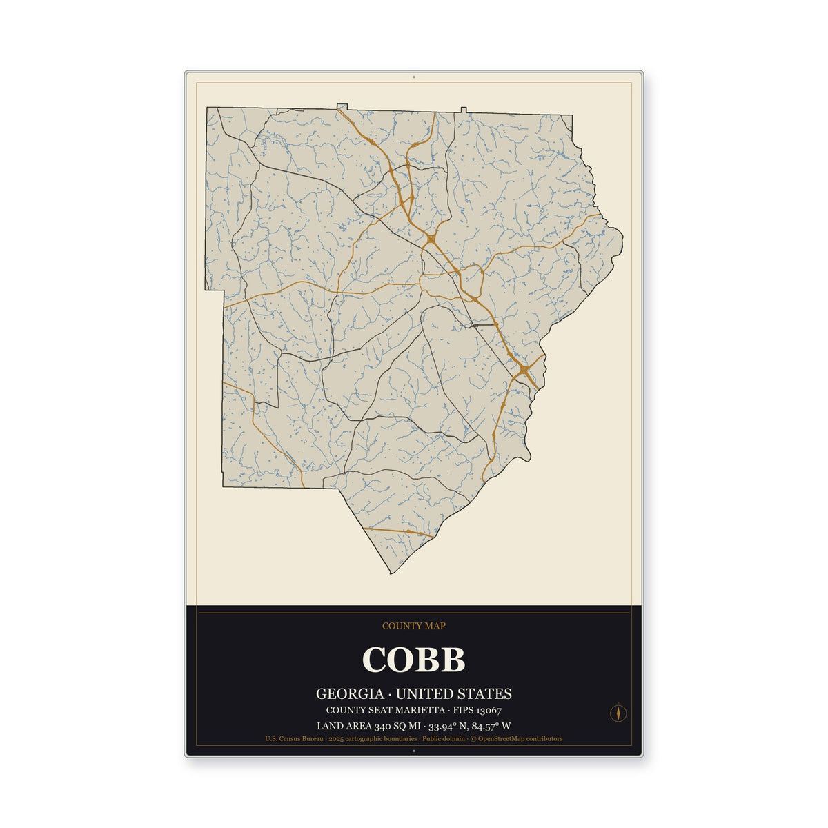 Cobb County, Georgia Map Aluminum Sign in Museum Plaque style