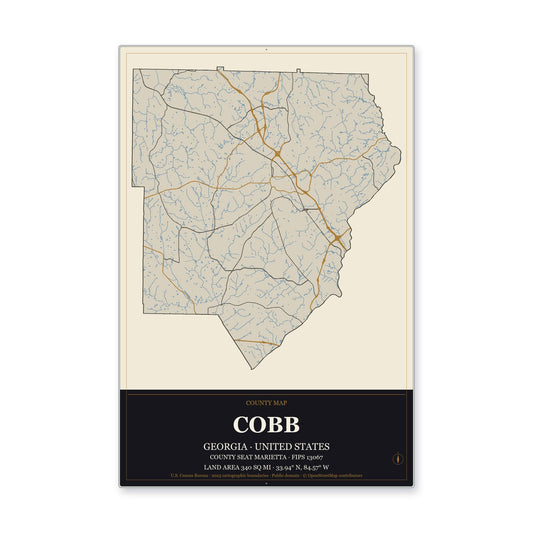 Cobb County, Georgia Map Aluminum Sign in Museum Plaque style
