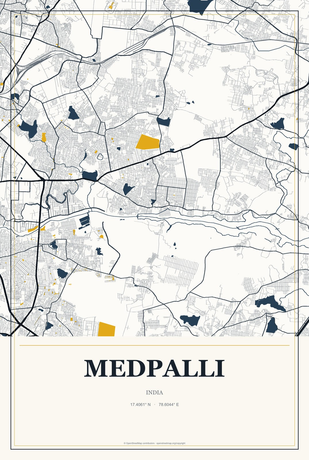 Medpalli, India City Map Aluminum Sign in Citrine Modern style