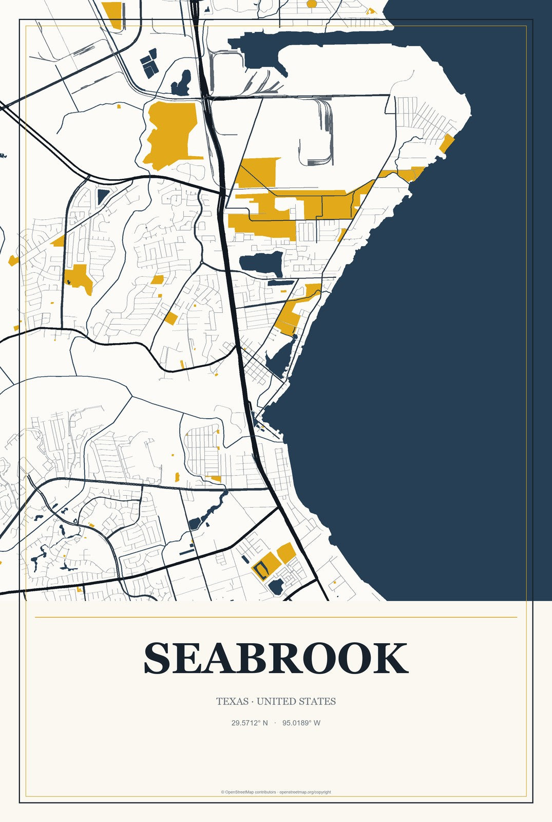 Seabrook, Texas City Map Aluminum Sign in Citrine Modern style