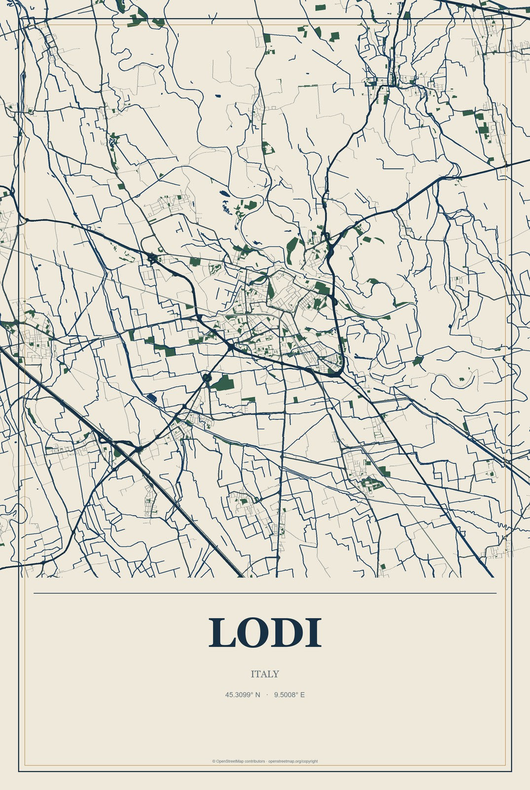 Lodi, Italy City Map Aluminum Sign in Coastal Cutout style