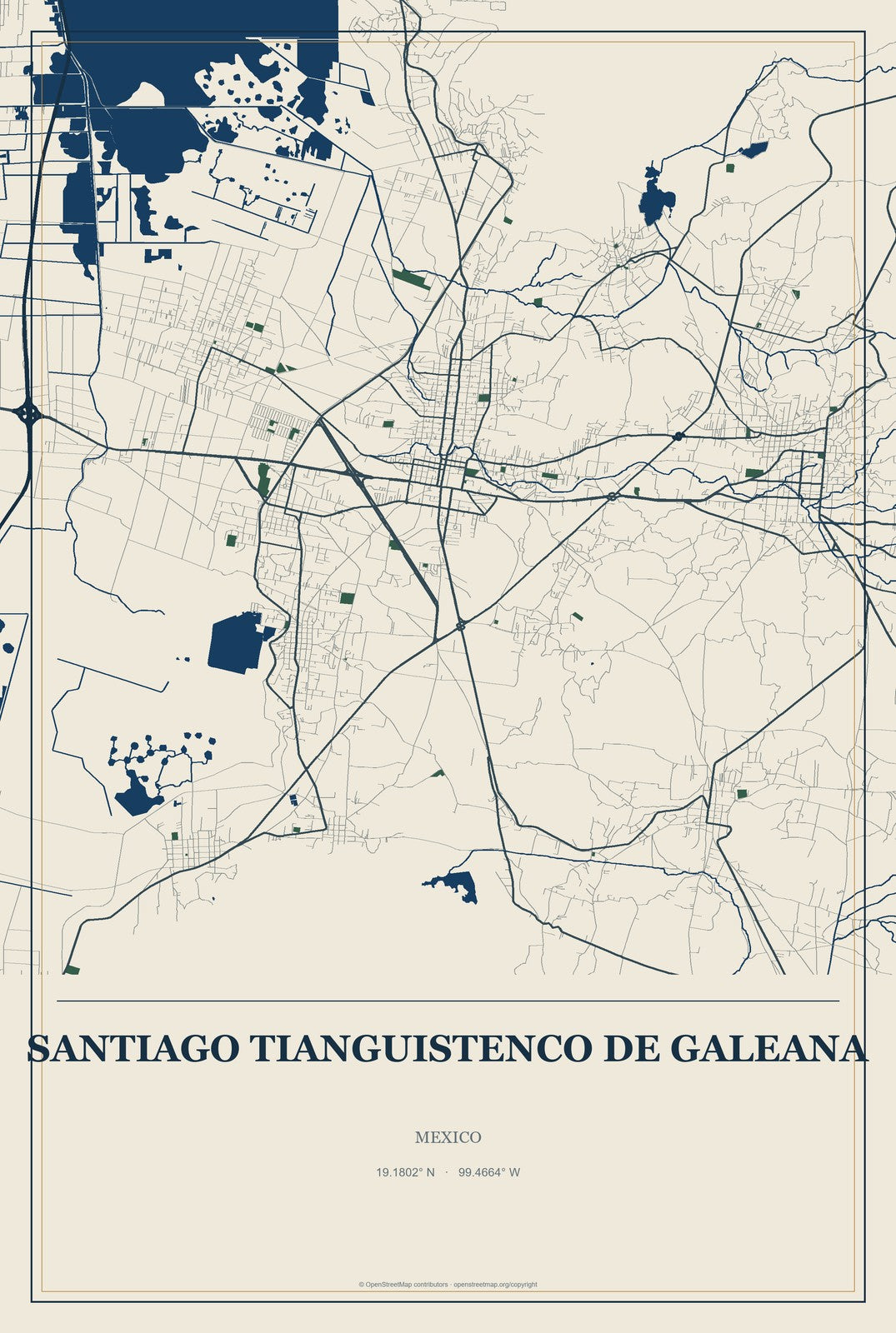 Santiago Tianguistenco de Galeana, Mexico City Map Aluminum Sign in Coastal Cutout style