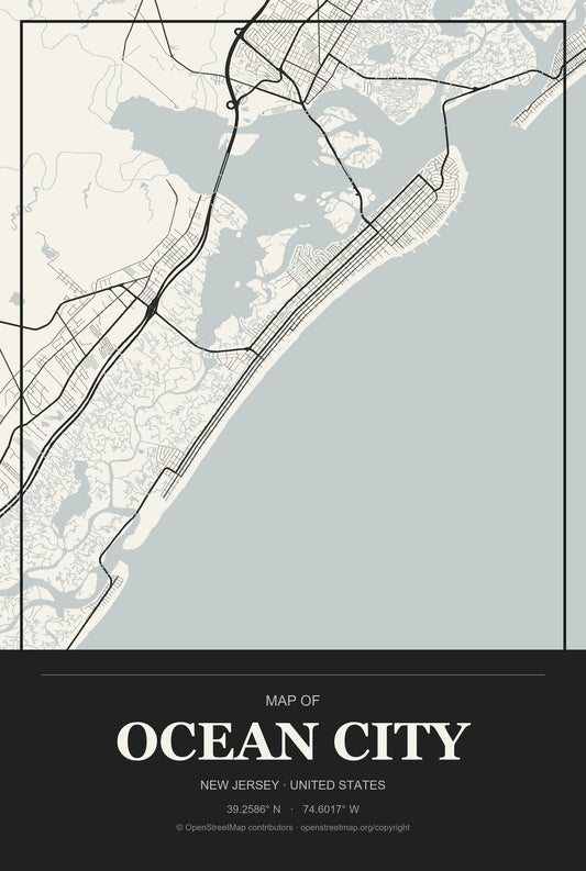 Ocean City, New Jersey City Map Aluminum Sign in Museum Plaque style