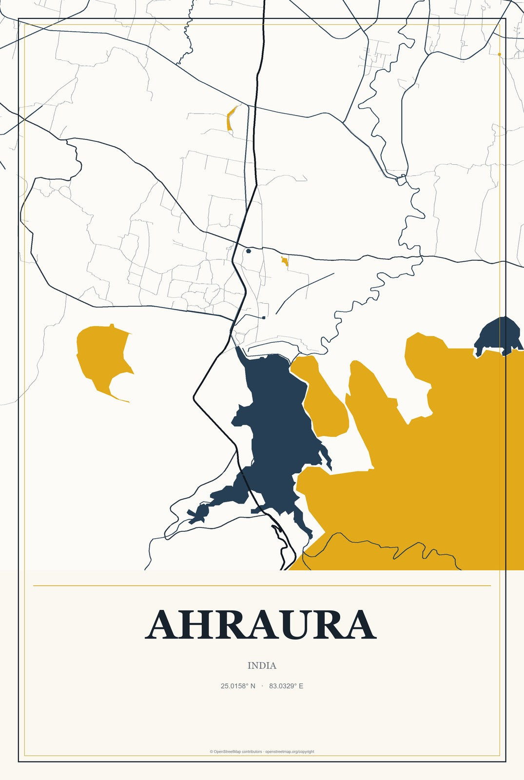 Ahraura, India City Map Aluminum Sign in Citrine Modern style