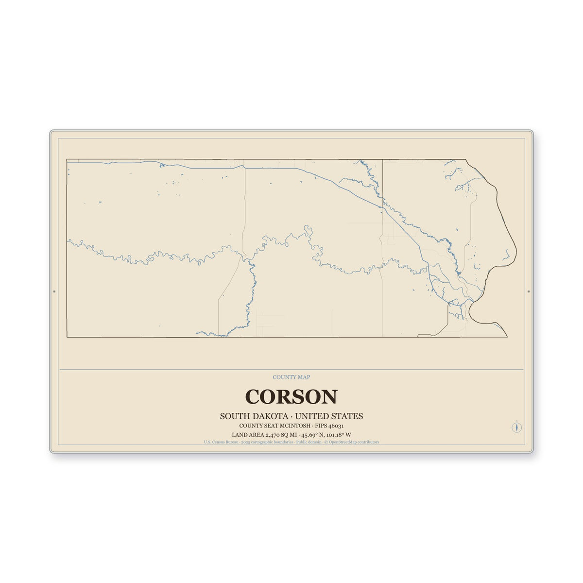 Corson County, South Dakota Map Aluminum Sign in Heritage Nautical style