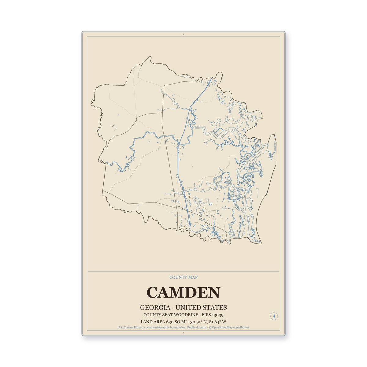 Camden County, Georgia Map Aluminum Sign in Heritage Nautical style