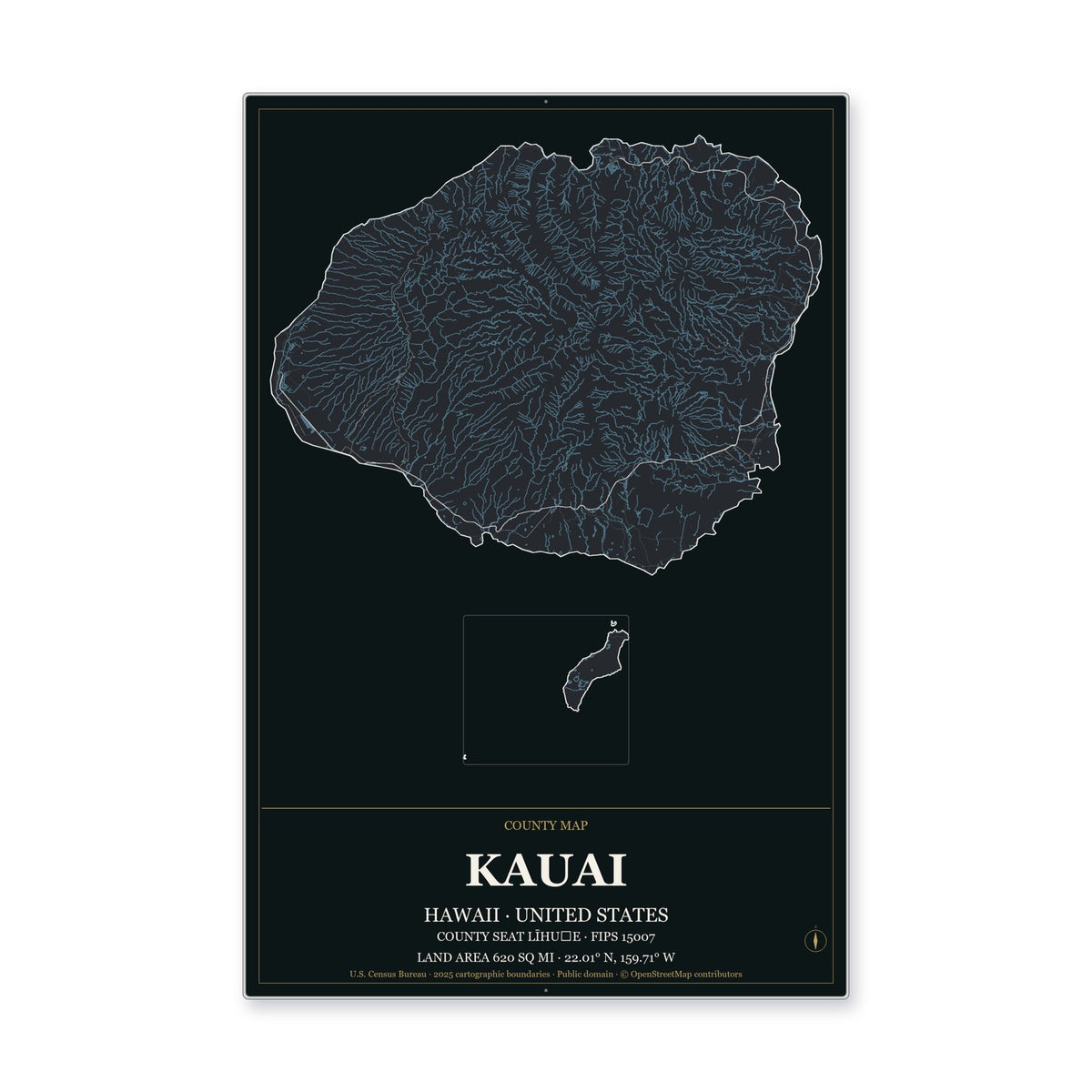 Kauai County, Hawaii Map Aluminum Sign in Metropolitan Noir style