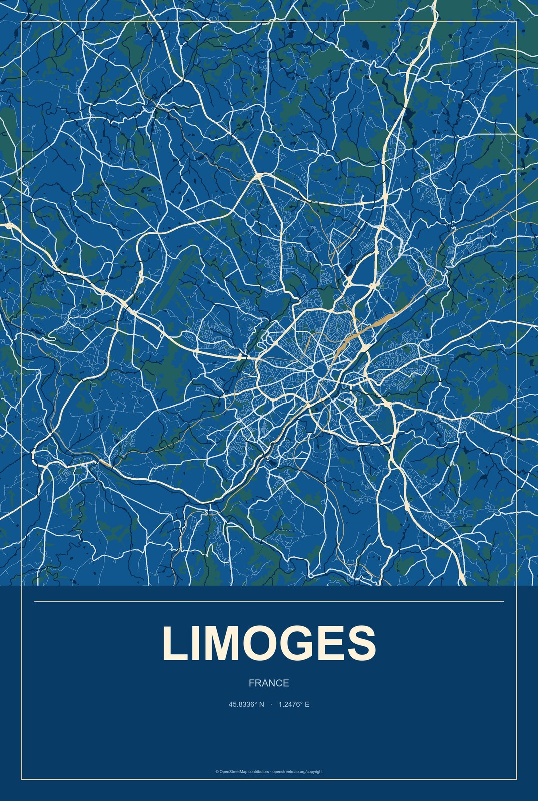 Limoges, France City Map Aluminum Sign in Harbor Cobalt style