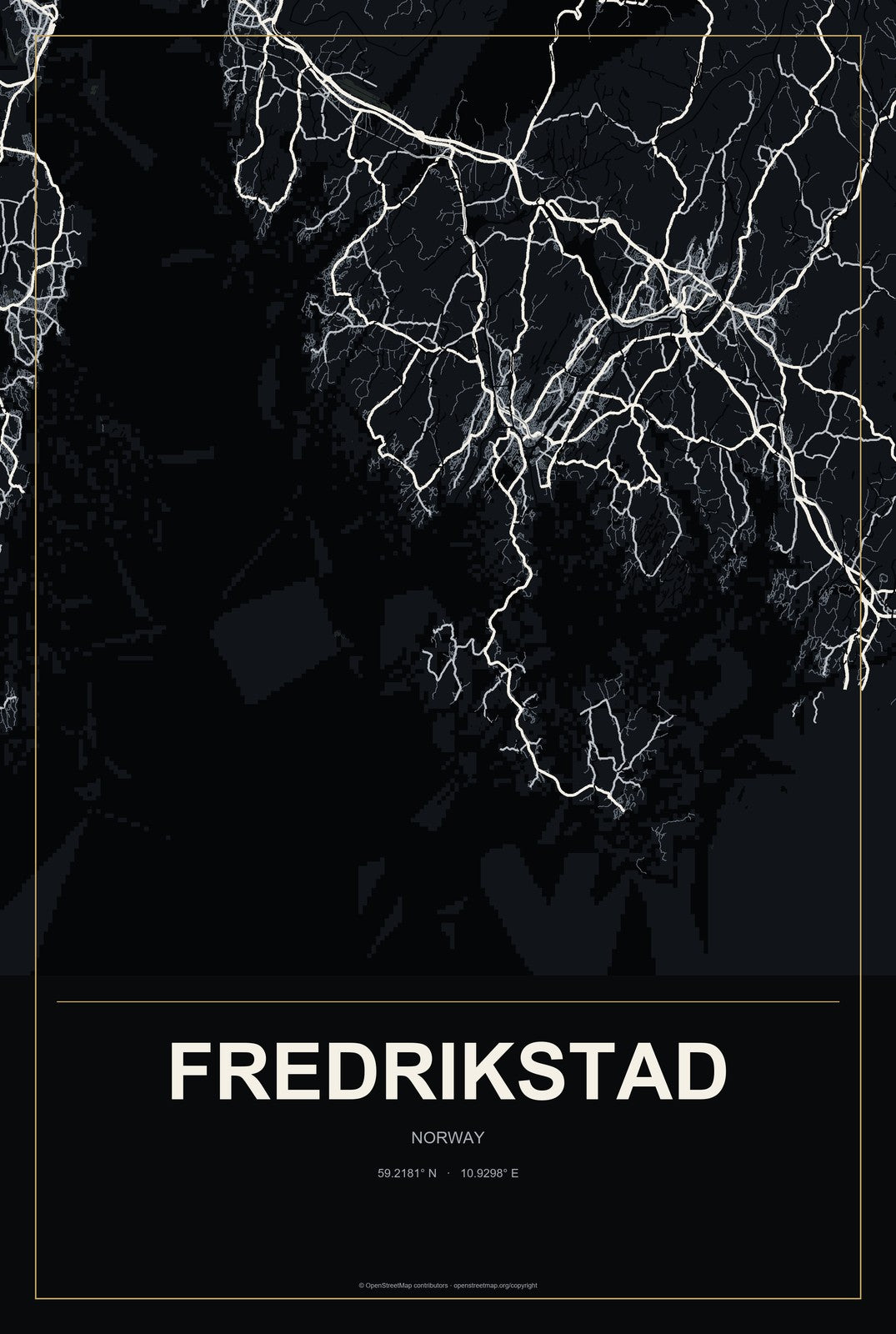 Fredrikstad, Norway City Map Aluminum Sign in Metropolitan Noir style