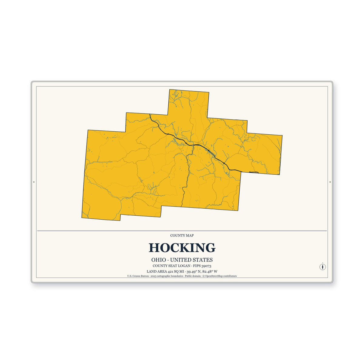 Hocking County, Ohio Map Aluminum Sign in Citrine Modern style