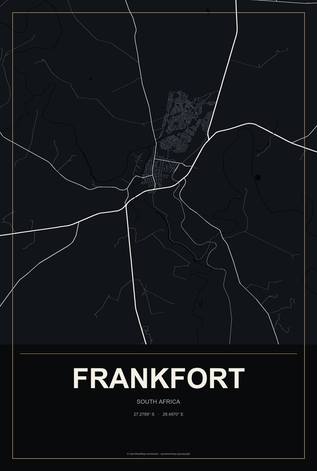 Frankfort, South Africa City Map Aluminum Sign in Metropolitan Noir style
