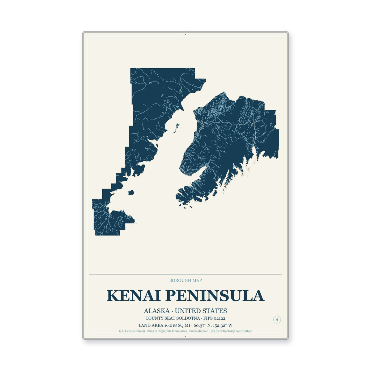 Kenai Peninsula Borough, Alaska Map Aluminum Sign in Coastal Cutout style