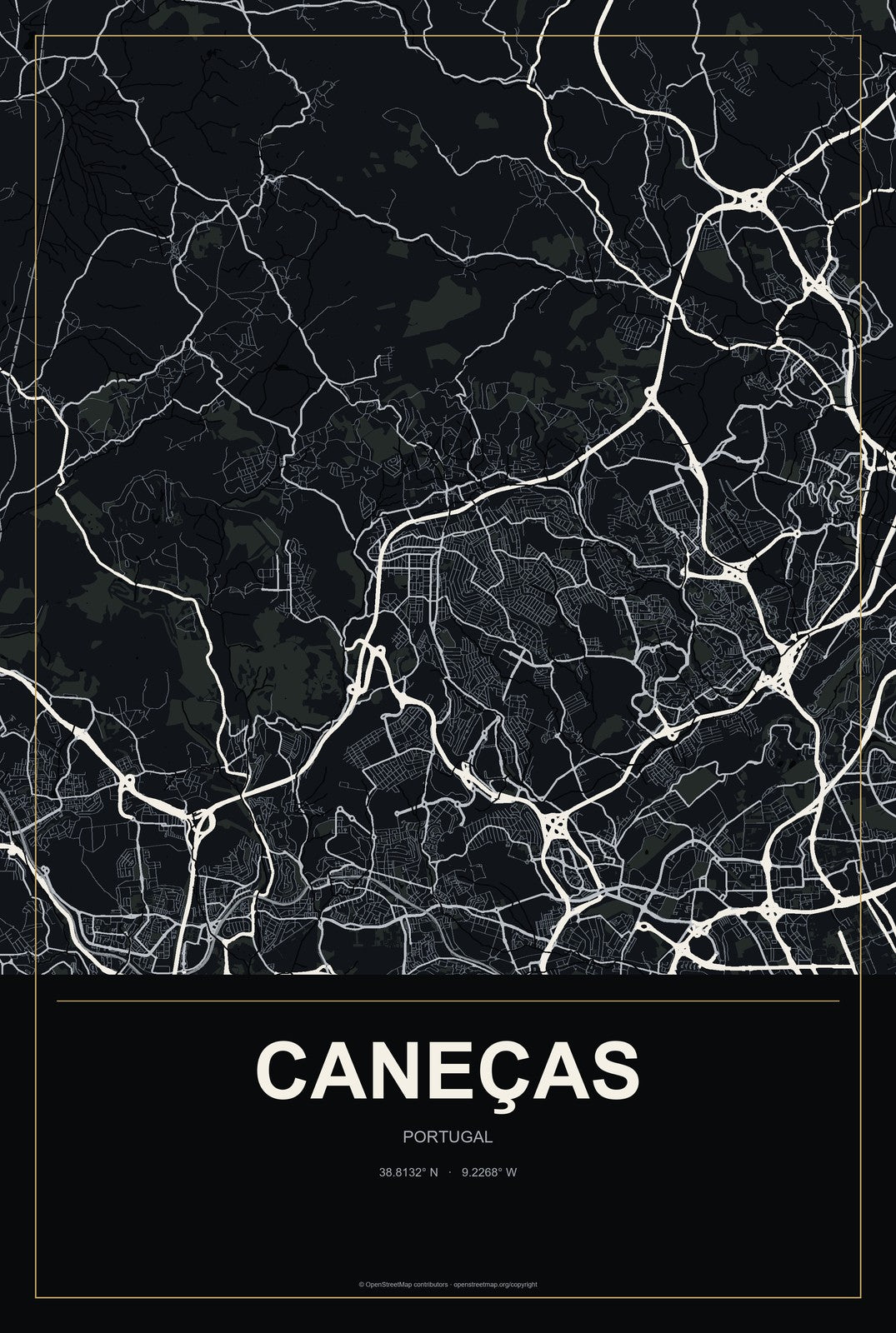 Caneças, Portugal City Map Aluminum Sign in Metropolitan Noir style
