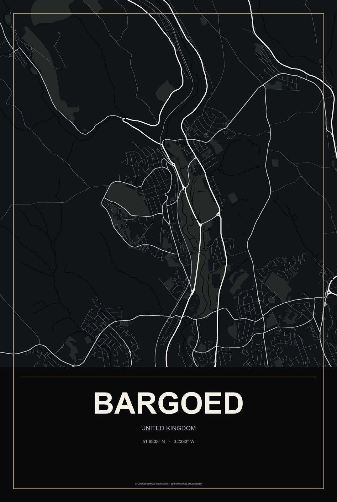 Bargoed, United Kingdom City Map Aluminum Sign in Metropolitan Noir style