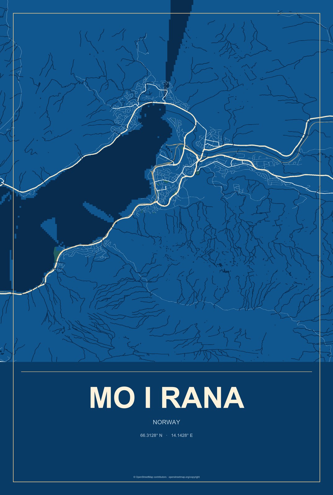 Mo i Rana, Norway City Map Aluminum Sign in Harbor Cobalt style