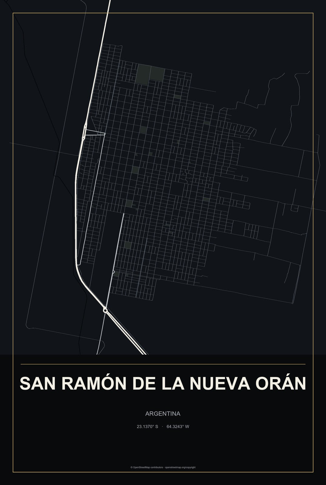 San Ramón de la Nueva Orán, Argentina City Map Aluminum Sign in Metropolitan Noir style