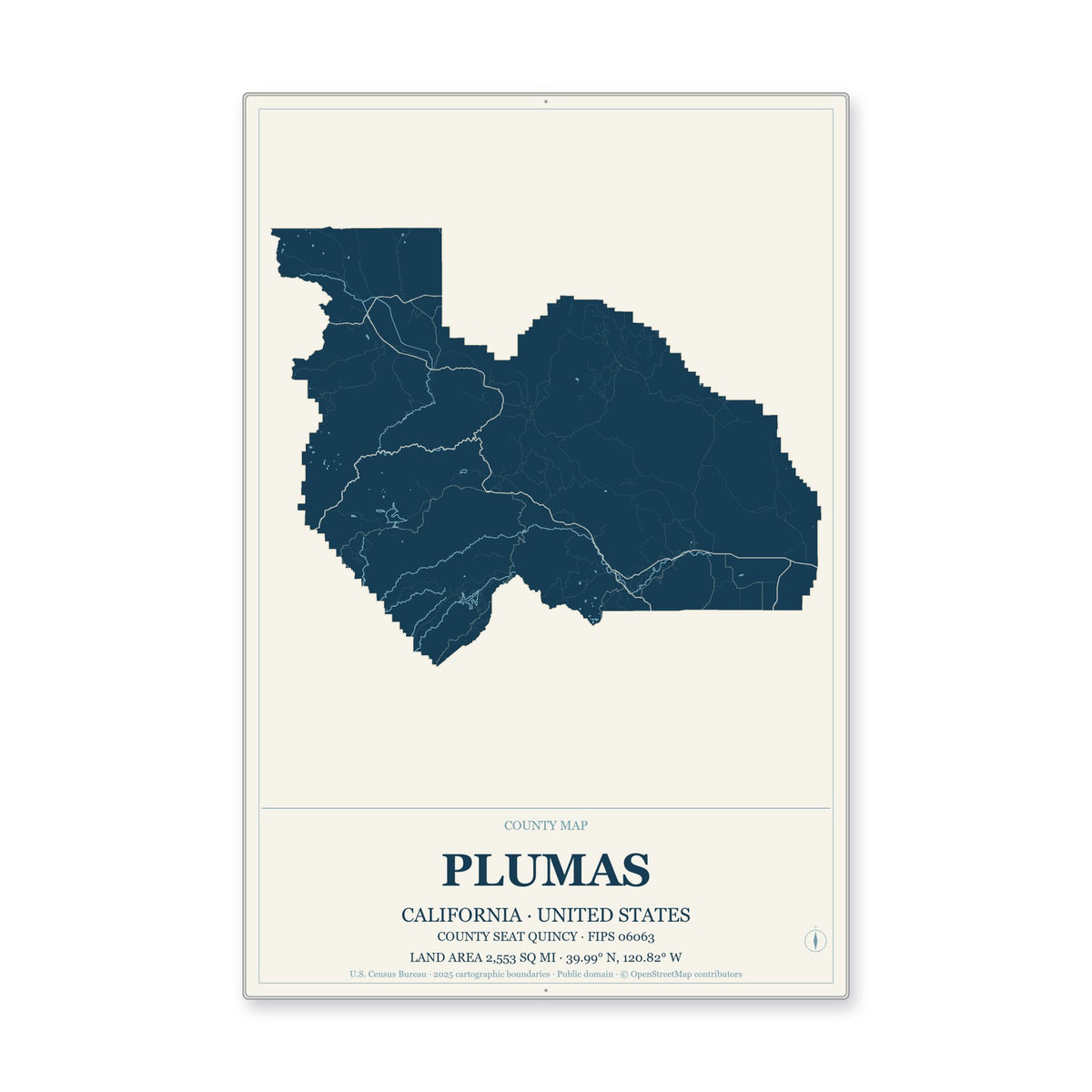 Plumas County, California Map Aluminum Sign in Coastal Cutout style