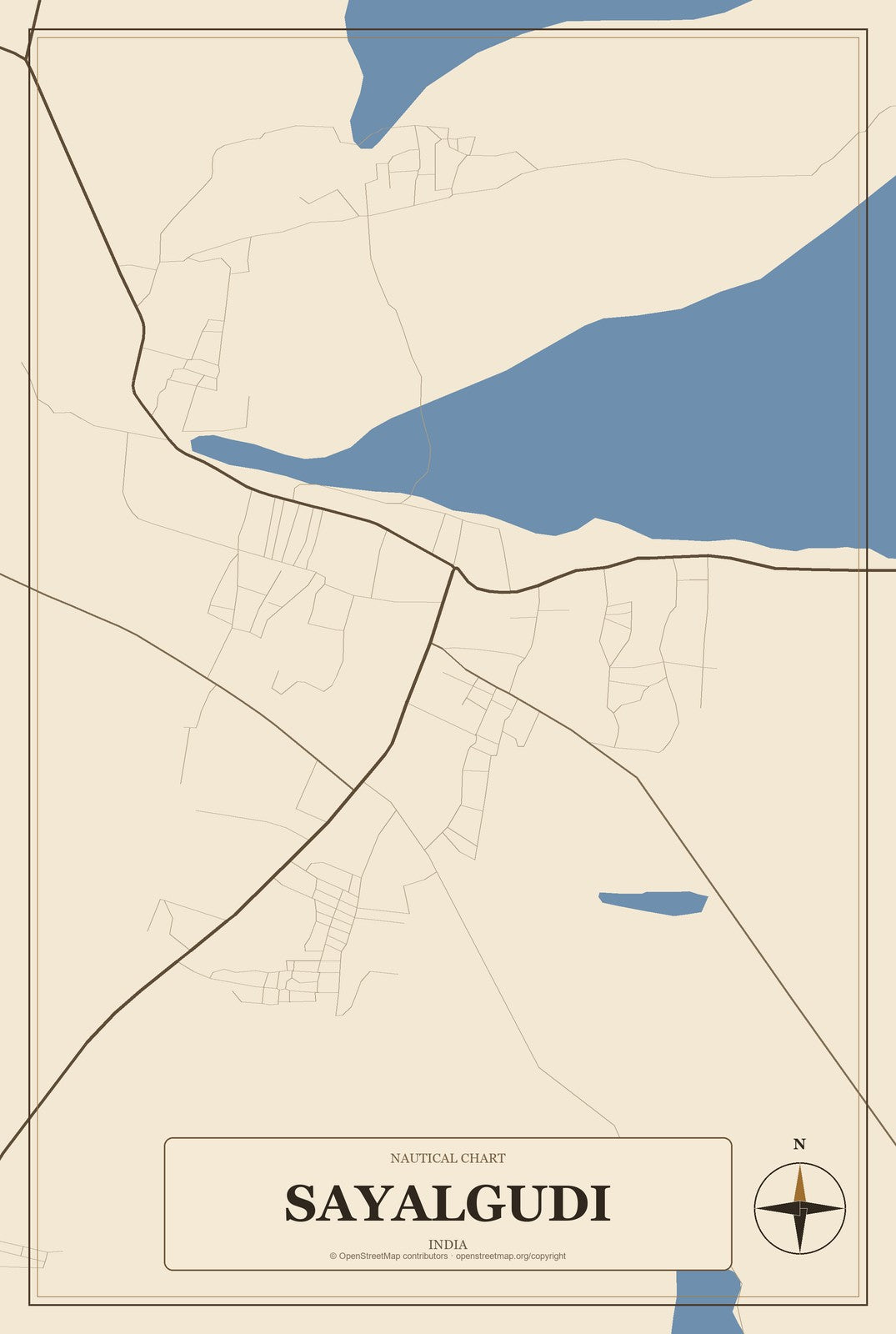 Sayalgudi, India City Map Aluminum Sign in Heritage Nautical style