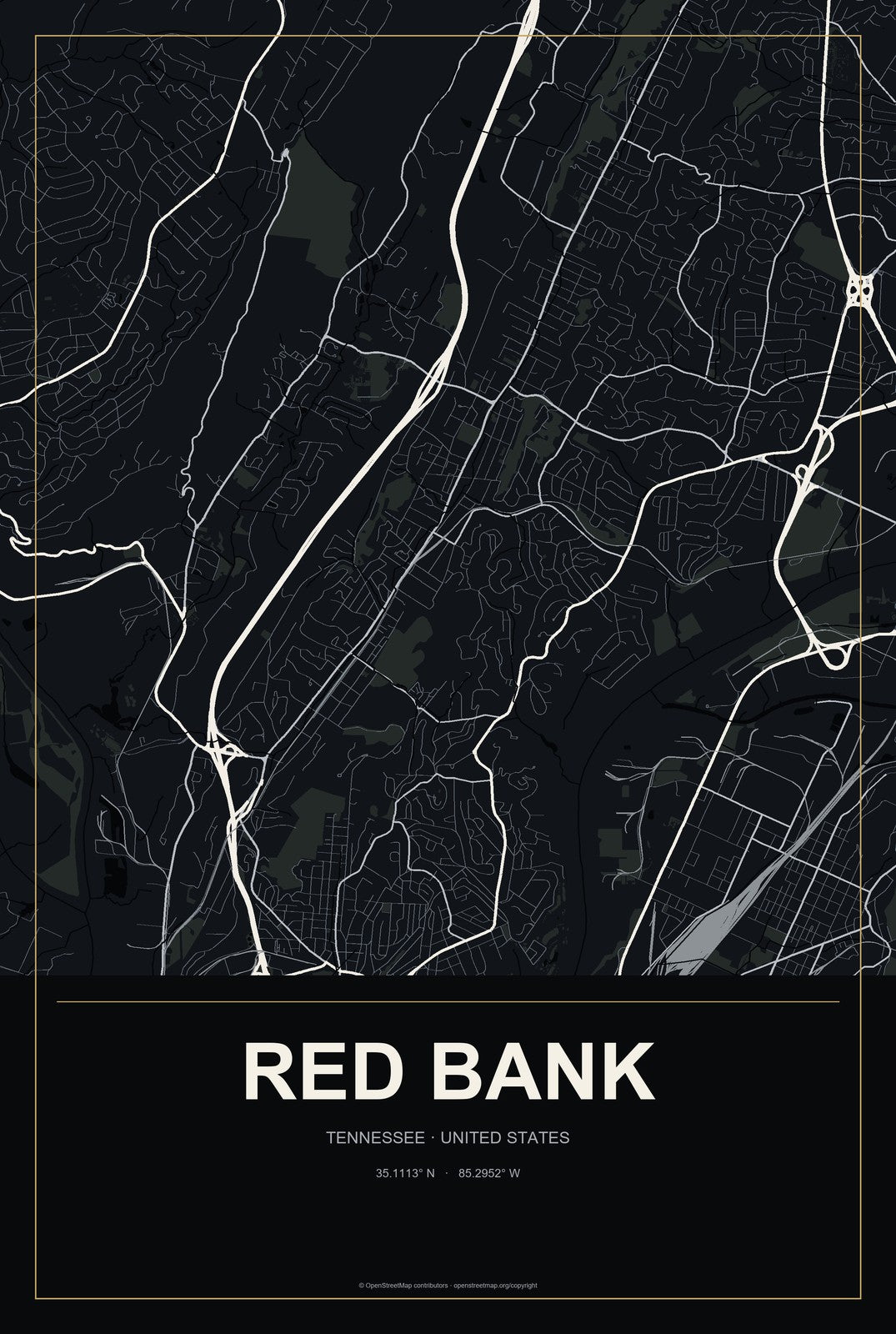 Red Bank, Tennessee City Map Aluminum Sign in Metropolitan Noir style
