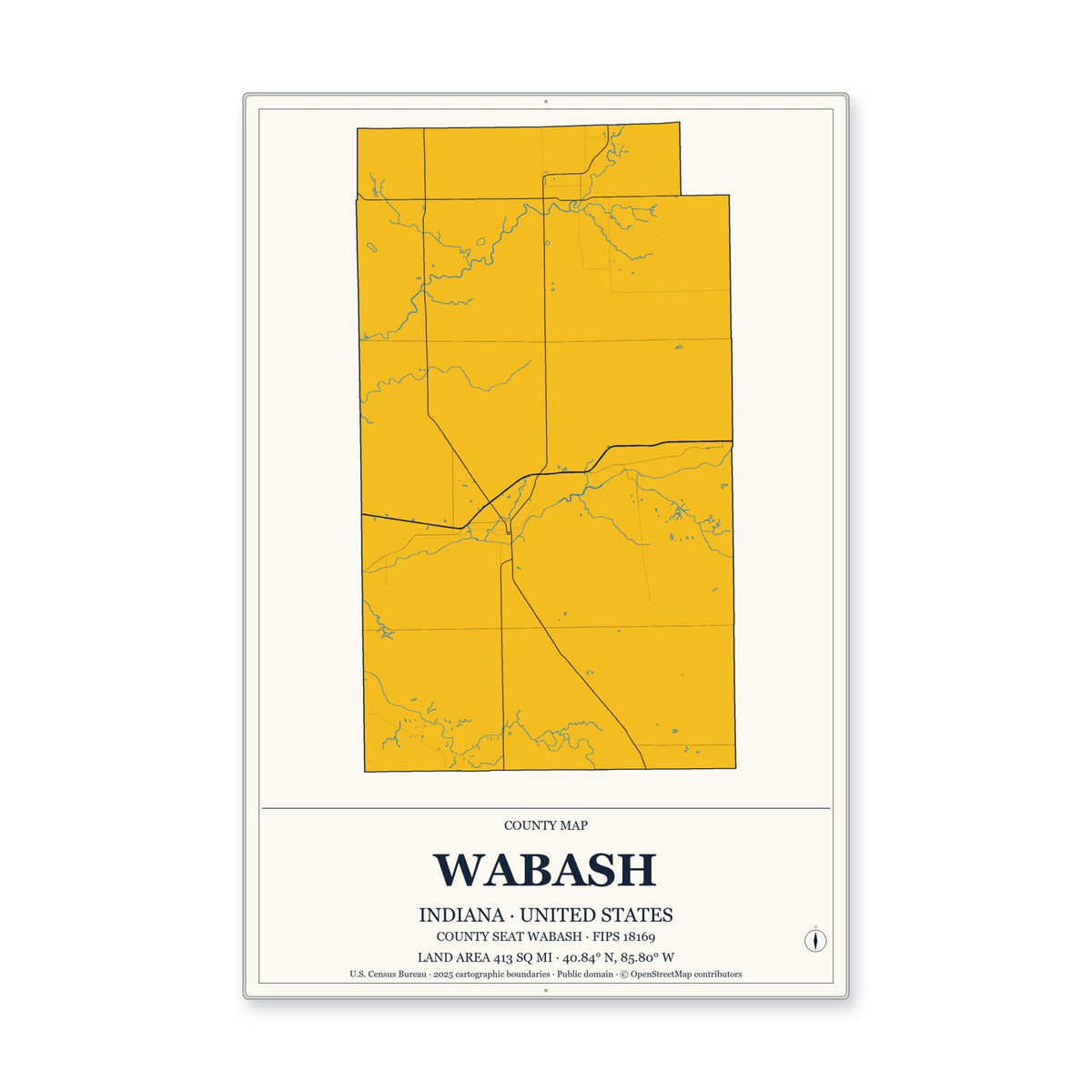 Wabash County, Indiana Map Aluminum Sign in Citrine Modern style