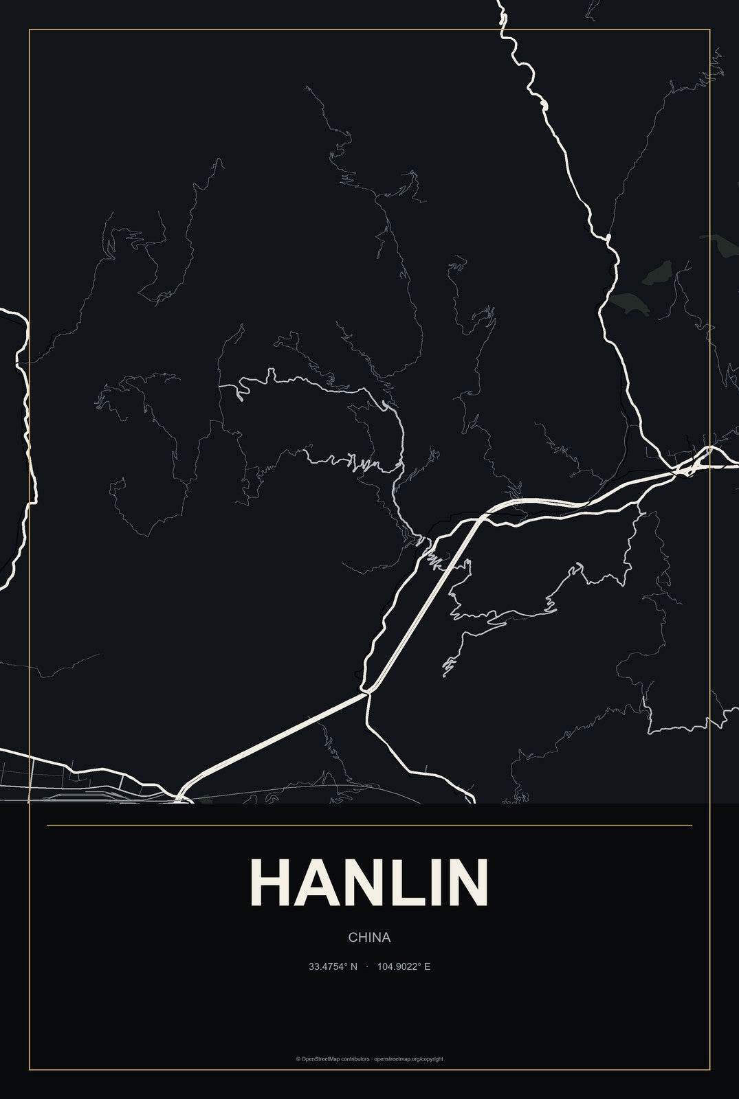 Hanlin, China City Map Aluminum Sign in Metropolitan Noir style