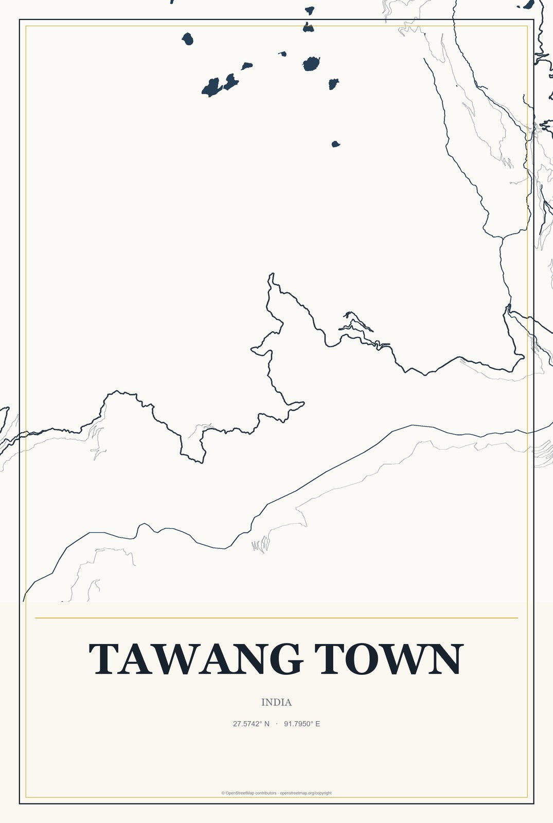 Tawang Town, India City Map Aluminum Sign in Citrine Modern style