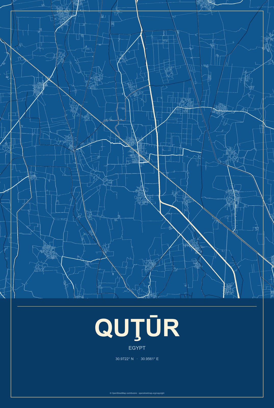 Quţūr, Egypt City Map Aluminum Sign in Harbor Cobalt style
