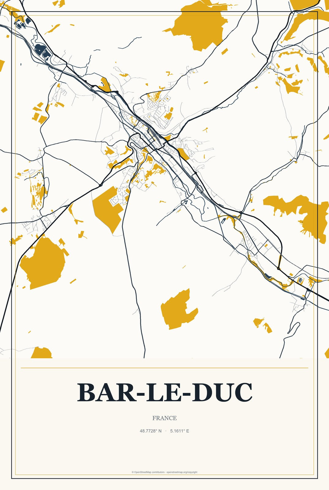 Bar-le-Duc, France City Map Aluminum Sign in Citrine Modern style