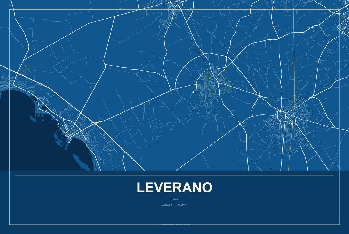 Leverano, Italy City Map Aluminum Sign in Harbor Cobalt style